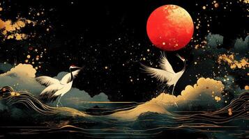 Elegant cranes dance on gold waves, red moon, night photo