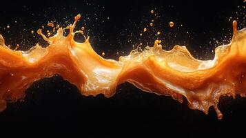 Orange liquid splash, dynamic flow, black background, beverage advertisement photo