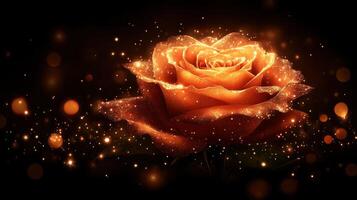 Glowing orange rose, dark background, bokeh lights, romantic photo
