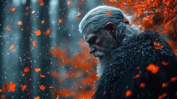 Elderly man, autumn forest, snowfall, pensive mood, fantasy portrait photo