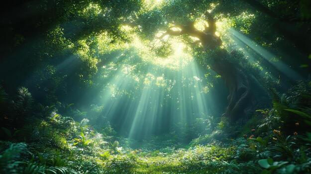 Sunbeams in lush forest clearing, nature background, fantasy, game design photo