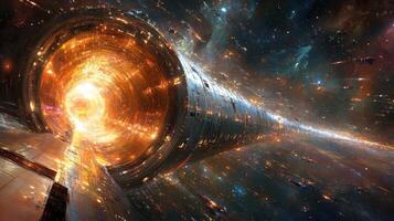 Spaceship entering cosmic wormhole, starfield background, interstellar travel concept photo