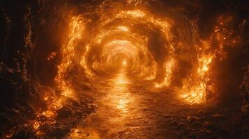 Fiery tunnel path, glowing light, hellish background, fantasy art photo