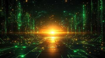 Futuristic city sunset, digital pathway, glowing, technology photo