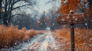 Snowy path autumn forest winter signpost photo