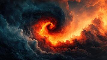 Fiery spiral in dark clouds, abstract art photo