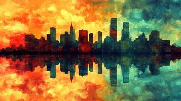 Cityscape sunset reflection, urban panorama, colorful sky, tranquil waters, website banner photo
