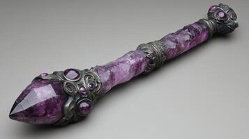 Amethyst wand, ornate metal, studio shot, fantasy prop photo