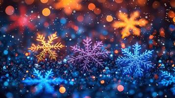 Festive snowflakes, bokeh lights, winter scene, holiday card photo