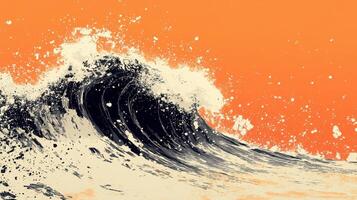 Ocean wave crashing, orange sunset background, nature power, design photo