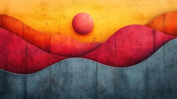 Abstract sunset landscape, textured hills, concrete wall, design art photo