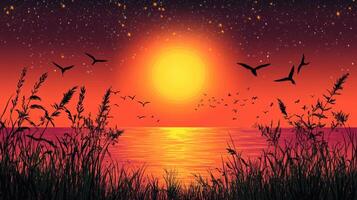 Sunset over calm sea, birds flying, reeds foreground. Peaceful nature scene, ideal for travel brochures photo