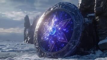 Glowing crystal shield rests on icy shore, fantasy landscape photo