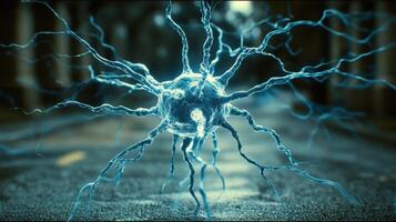 Glowing neuron, microscopic view, neural network, science background photo
