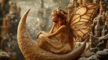 Fairy princess sits moon, magical castle background, fantasy art photo