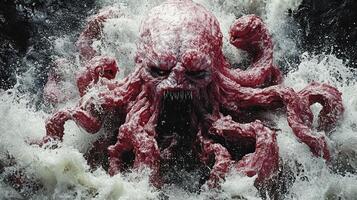 Kraken emerges from ocean, angry expression, dark background, fantasy art, game asset photo