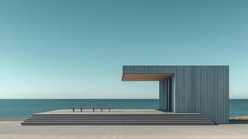 Coastal modern pavilion, ocean view, bench, serenity photo