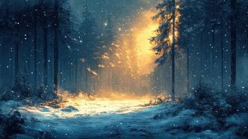 Snowy forest path, winter wonderland, magical light photo