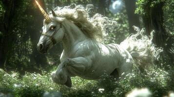 Magical unicorn galloping through enchanted forest photo