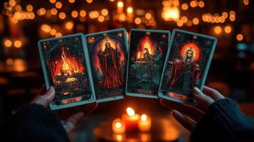 Tarot cards reading, mystic ritual, candlelight, dark background, fortune telling photo