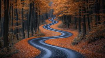 Winding road through autumn forest, scenic drive photo