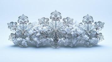 Three snowflakes on snowdrift, winter scene, holiday card photo