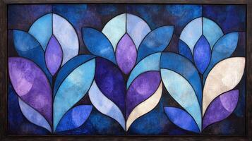 Abstract floral art deco painting, blue purple hues, dark background, framed artwork, home decor photo