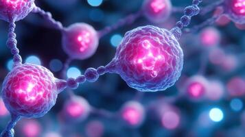 Glowing cells network, microscopic view, science research photo
