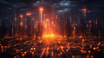 Futuristic city glowing at night, digital network photo