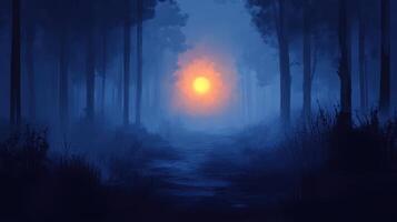 Misty forest path, sunset glow, tranquil scene, nature background photo