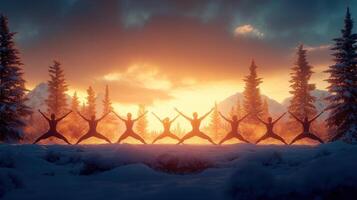 Silhouetted women yoga pose, sunset snowy mountains photo