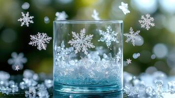Glass of ice with snowflakes, winter scene, festive background, holiday card photo