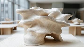 Abstract wood sculpture on display in modern gallery photo