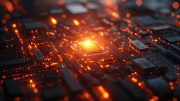 Glowing CPU, circuit board, technology, background, data processing photo