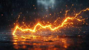 Lightning strike on wet ground, dark stormy night, energy photo