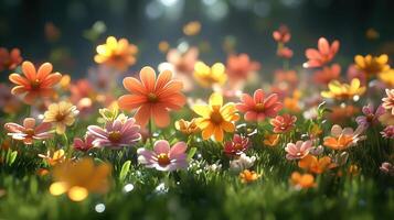 Sunlit meadow, vibrant wildflowers, bokeh background, springtime scene, nature imagery photo