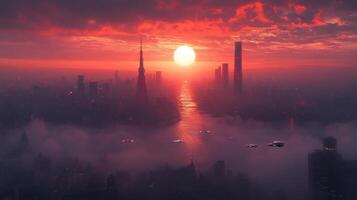 Futuristic city sunset, flying vehicles, river, clouds photo