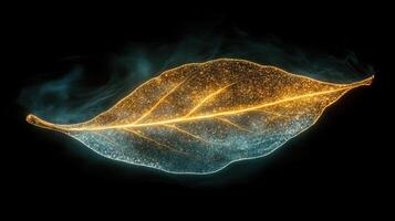 Glowing leaf, smoke, dark background, nature concept, stock photo
