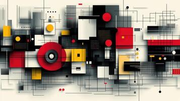 Abstract geometric shapes, red and yellow accents, intersecting lines background, design element photo