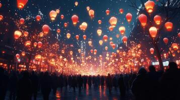 Night city festival, lanterns fly, crowd celebrates, magical background, event image photo
