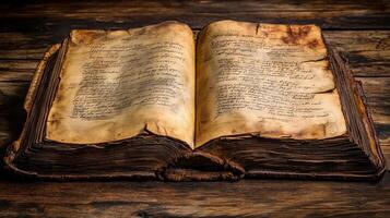 Ancient book open on wooden table, historical text, knowledge, research photo