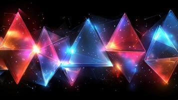 Glowing pyramids, abstract art, dark background, website banner photo