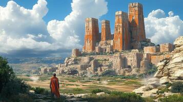 Lone traveler gazing at ancient hilltop fortress, arid landscape photo