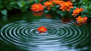 Orange flower floating, ripples in pond, green foliage background, tranquility scene photo