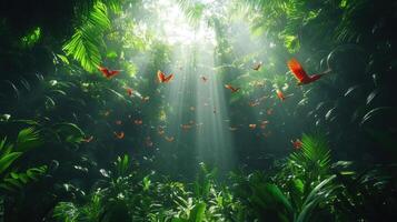 Sunbeams illuminate butterflies in lush rainforest photo