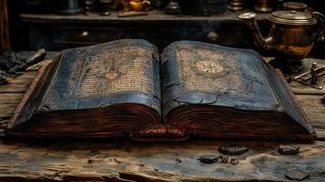 Antique book open on wooden table, workshop background, mystery photo