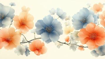 Pastel flowers branch, spring blossom, beige background, nature design, wall art photo