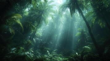 Sunbeams pierce dense jungle canopy, lush foliage, tropical rainforest background, nature scene photo