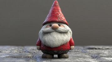 Weathered garden gnome on stone, neutral background, decoration photo