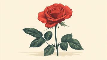 Single red rose, stem, leaves, light background, romantic design photo